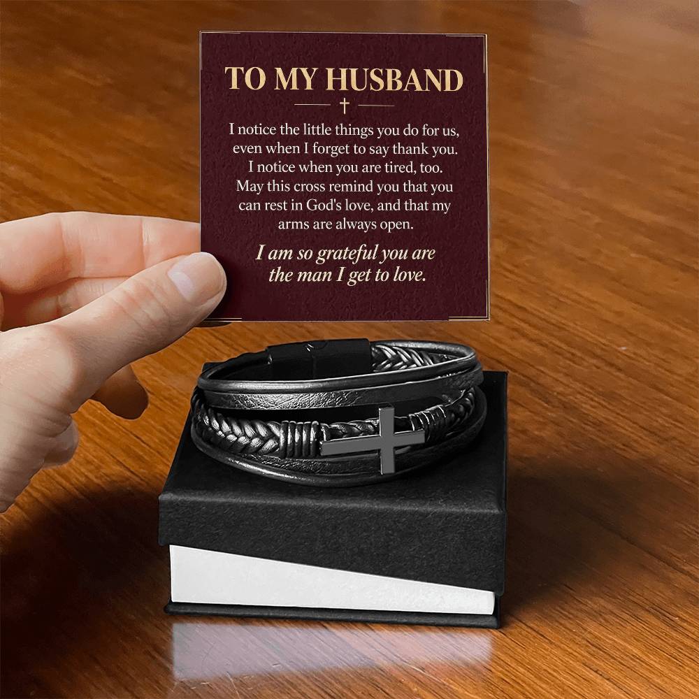 Black cross bracelet with husband appreciation message card | Hensley London