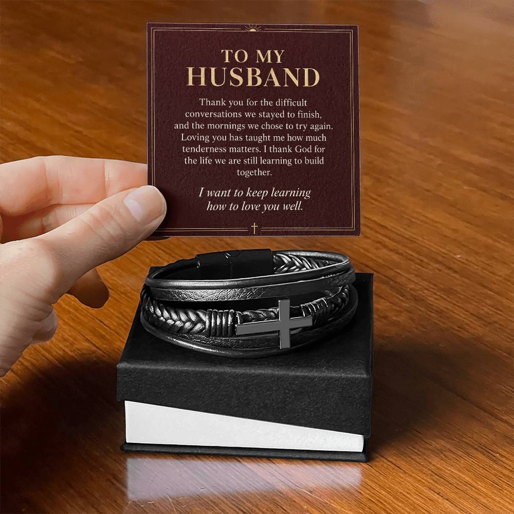 Black cross bracelet with husband growing together message card | Hensley London