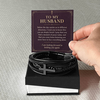Black cross bracelet with husband daily prayer message card | Hensley London