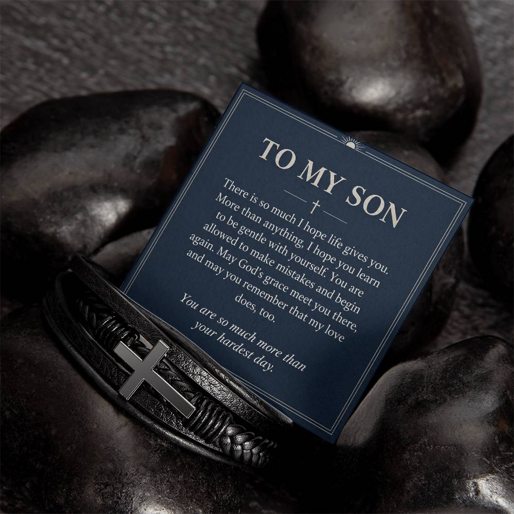 Black cross bracelet with son grace message card | Hensley London