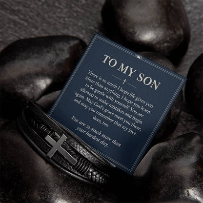 Black cross bracelet with son grace message card | Hensley London