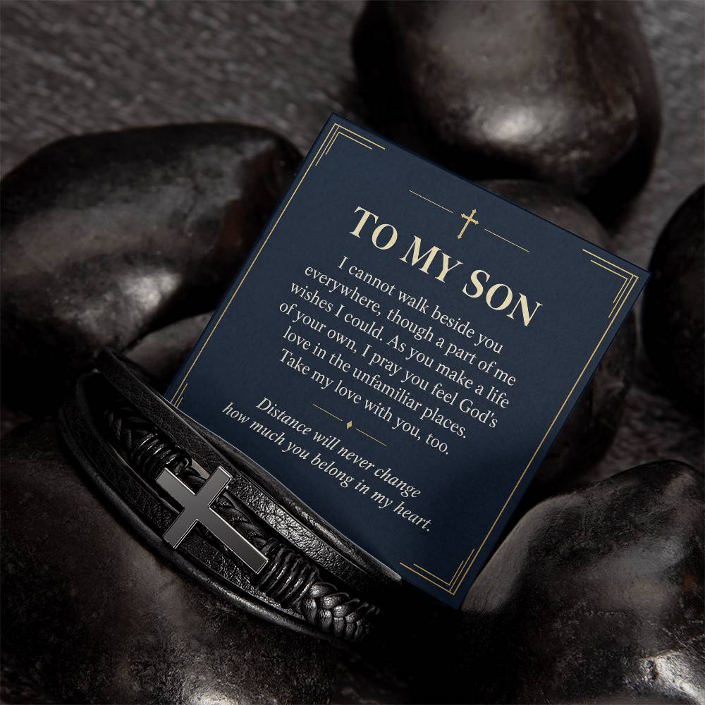 Black cross bracelet with son love across distance message card | Hensley London