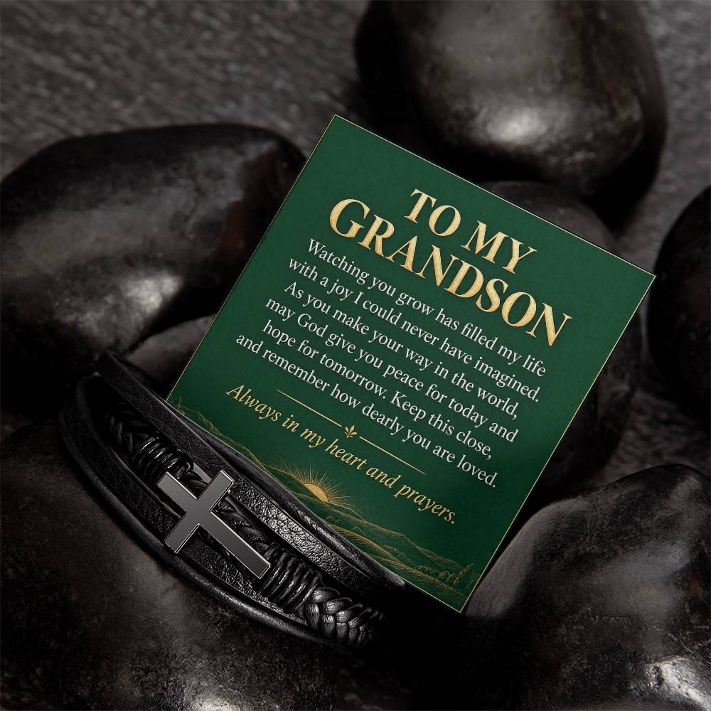 Cross Bracelet in Black for Grandson – bracelet and message card on dark stones | Hensley London