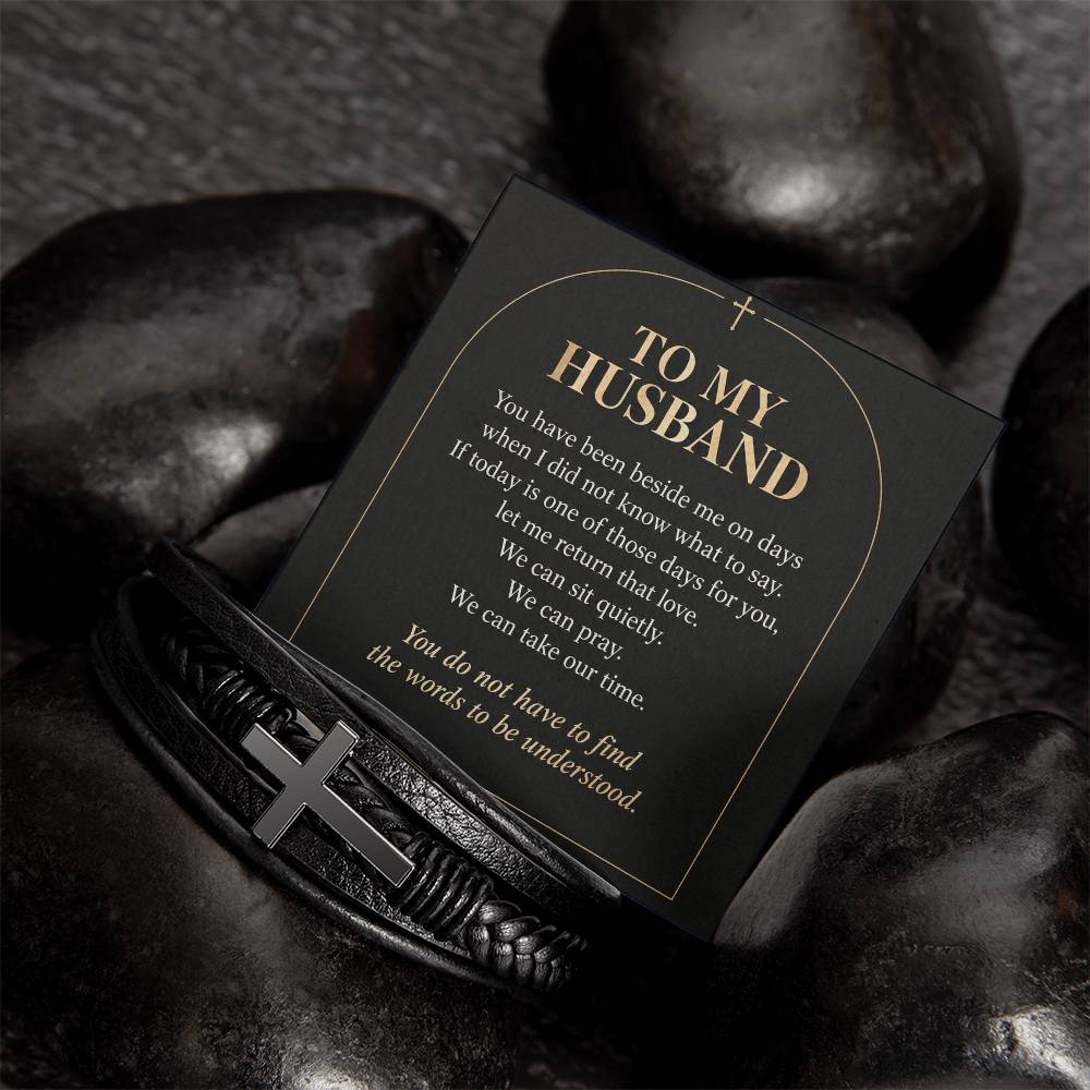 Black cross bracelet with husband quiet support message card | Hensley London