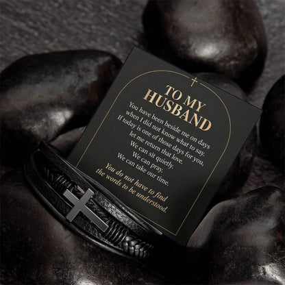 Black cross bracelet with husband quiet support message card | Hensley London
