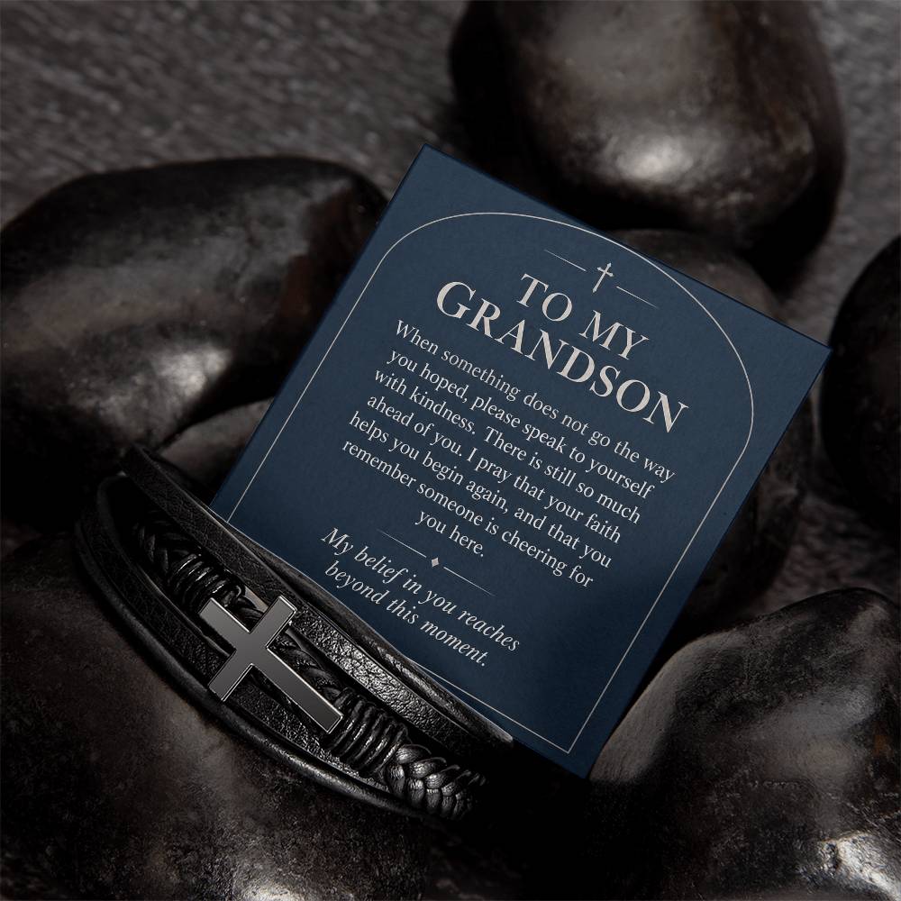 Black cross bracelet with grandson new beginnings message card | Hensley London