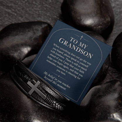 Black cross bracelet with grandson new beginnings message card | Hensley London