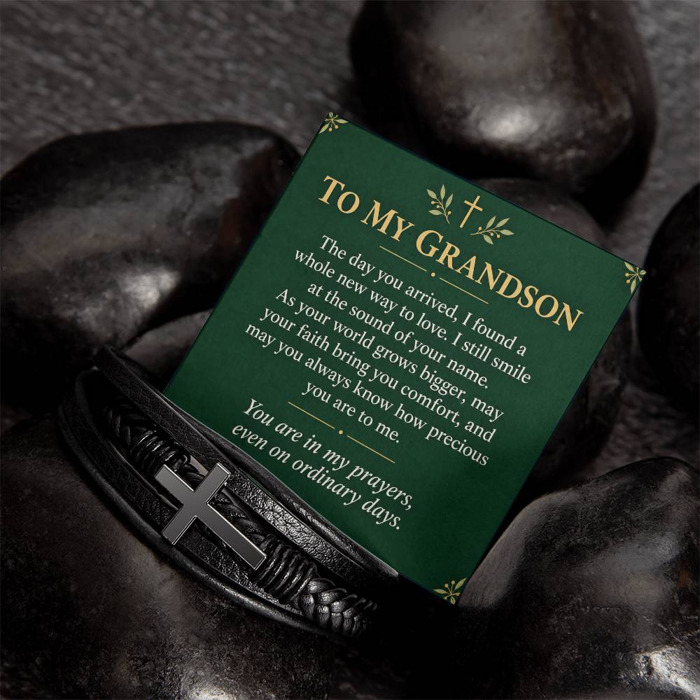 Black cross bracelet with grandson precious memories message card | Hensley London