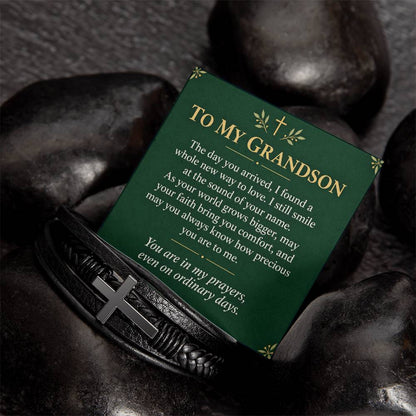 Black cross bracelet with grandson precious memories message card | Hensley London