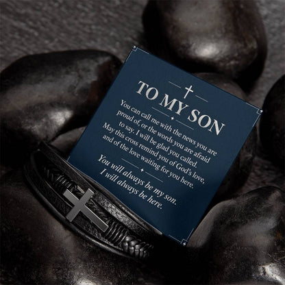 Black cross bracelet with son always here message card | Hensley London