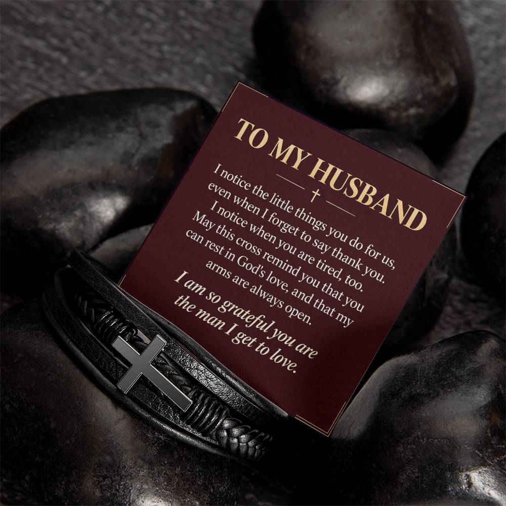 Black cross bracelet with husband appreciation message card | Hensley London