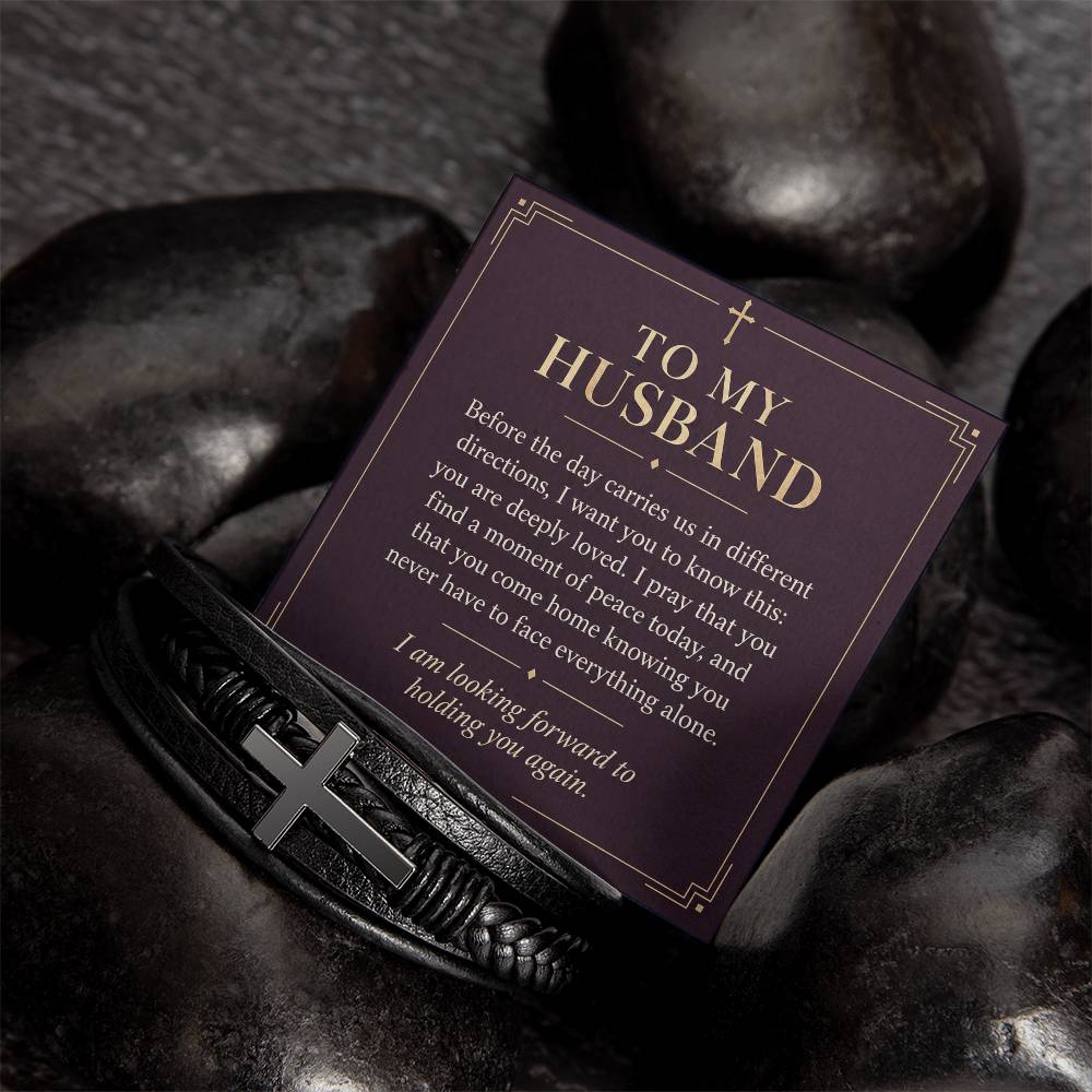 Black cross bracelet with husband daily prayer message card | Hensley London