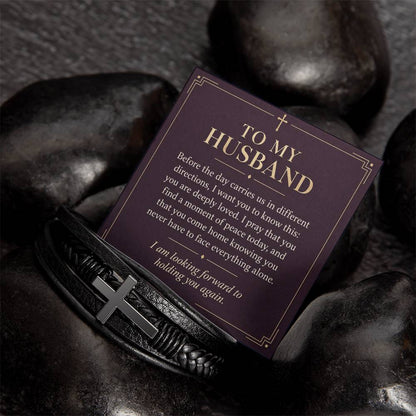 Black cross bracelet with husband daily prayer message card | Hensley London