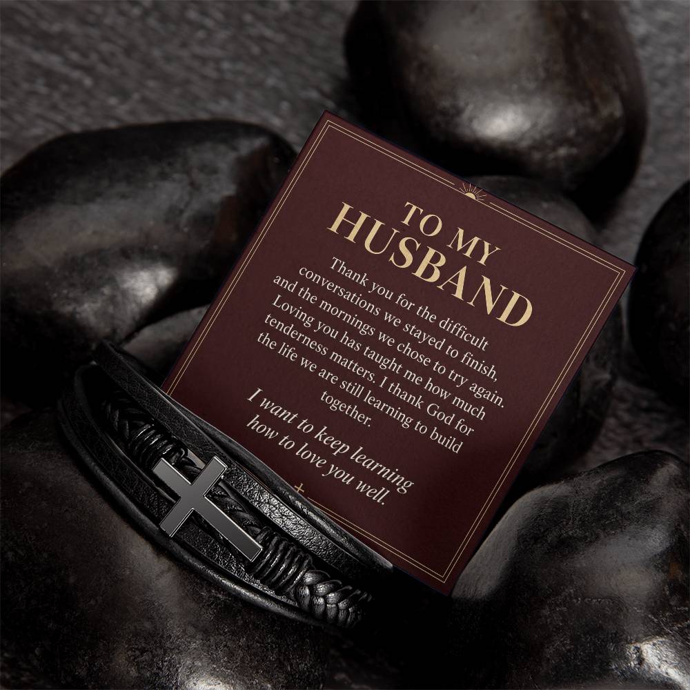 Black cross bracelet with husband growing together message card | Hensley London