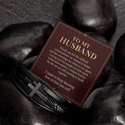 Black cross bracelet with husband growing together message card | Hensley London