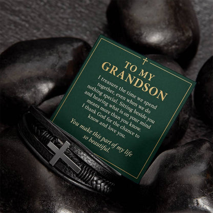 Black cross bracelet with grandson time together message card | Hensley London