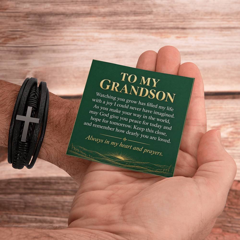 Cross Bracelet in Black for Grandson – handheld message card beside bracelet | Hensley London