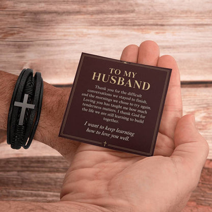 Black cross bracelet with husband growing together message card | Hensley London