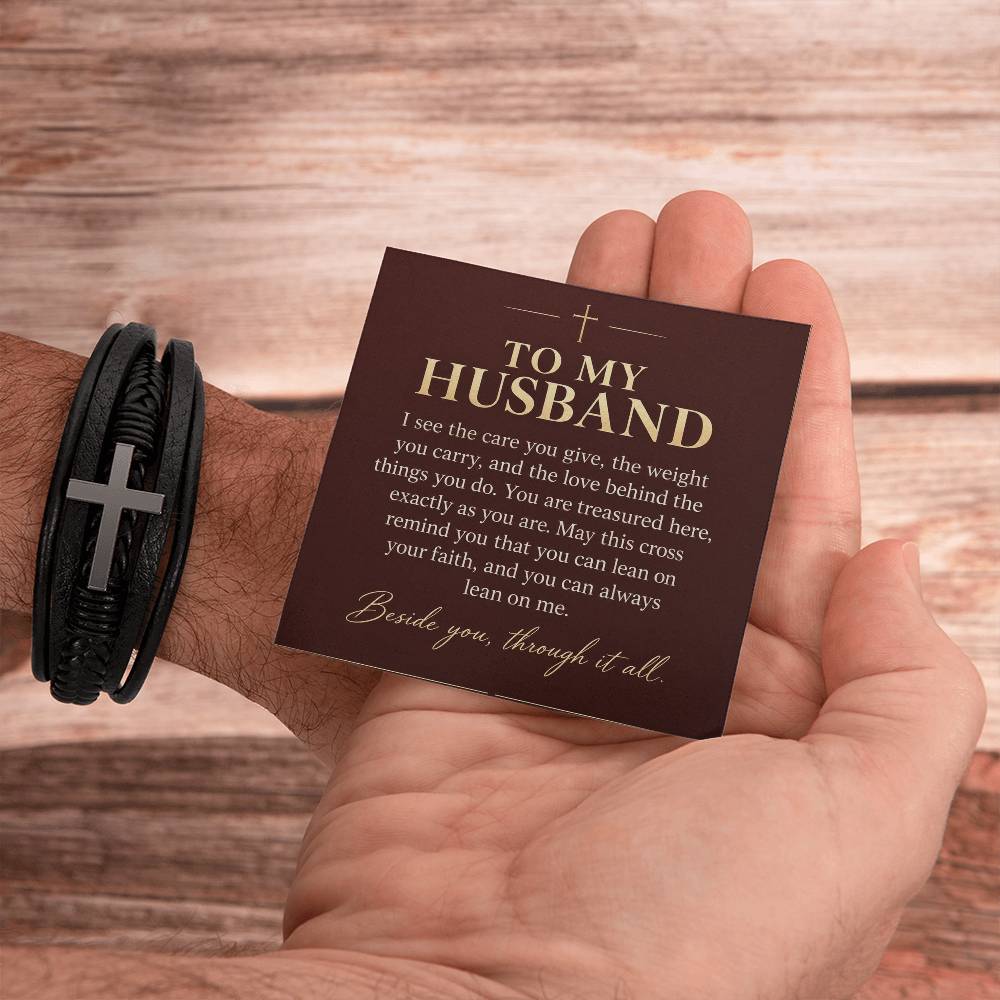 Cross Bracelet in Black for Husband – handheld message card beside bracelet | Hensley London