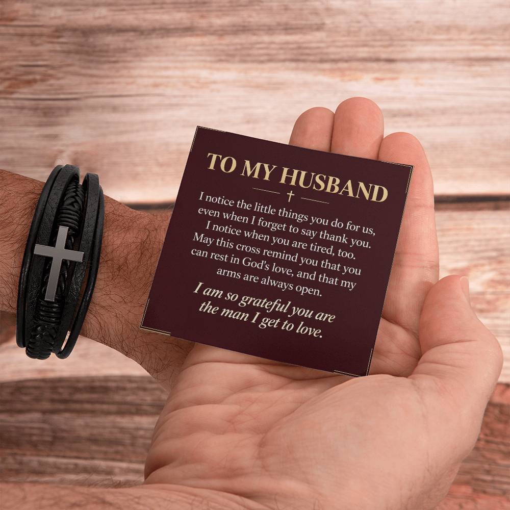Black cross bracelet with husband appreciation message card | Hensley London