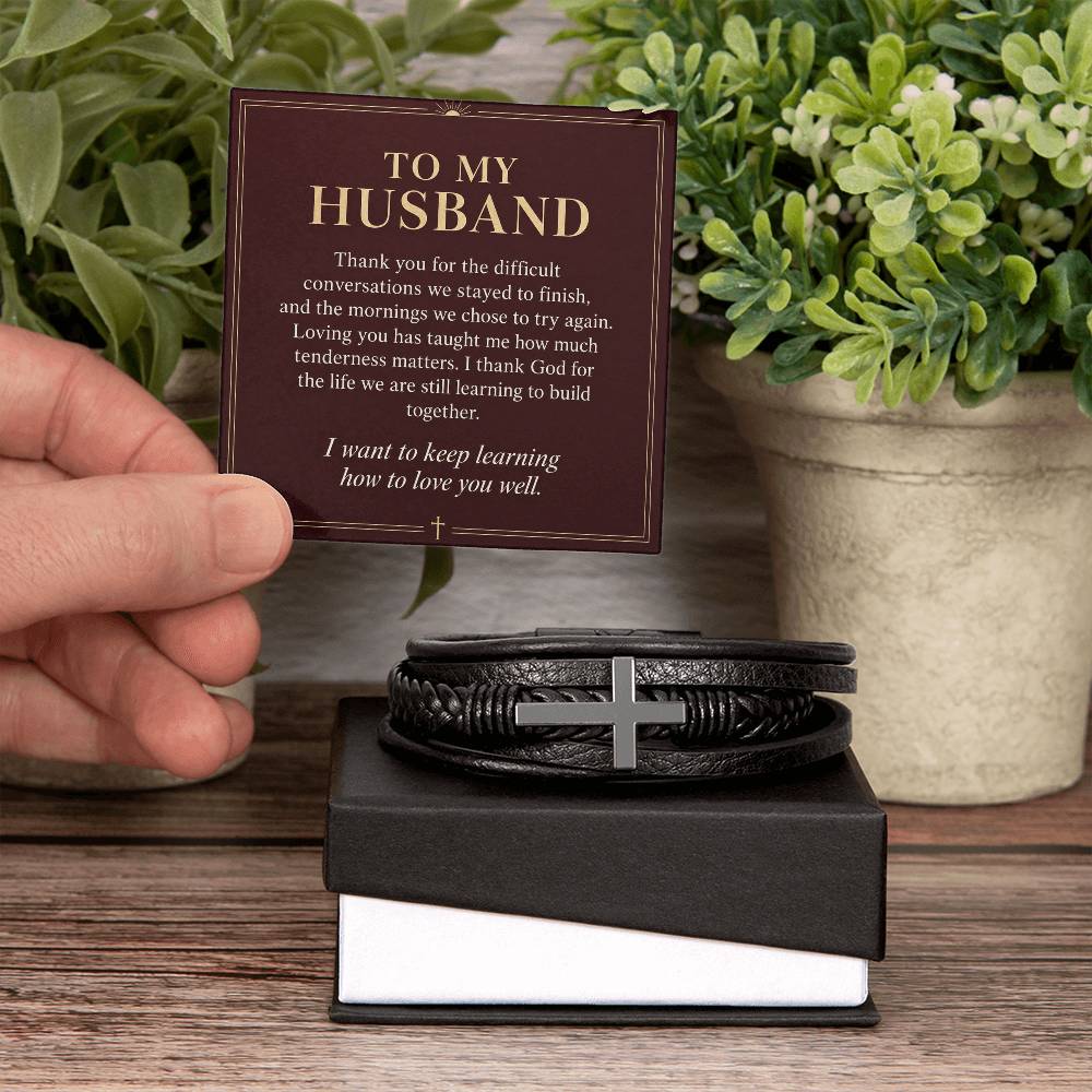Black cross bracelet with husband growing together message card | Hensley London