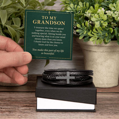 Black cross bracelet with grandson time together message card | Hensley London