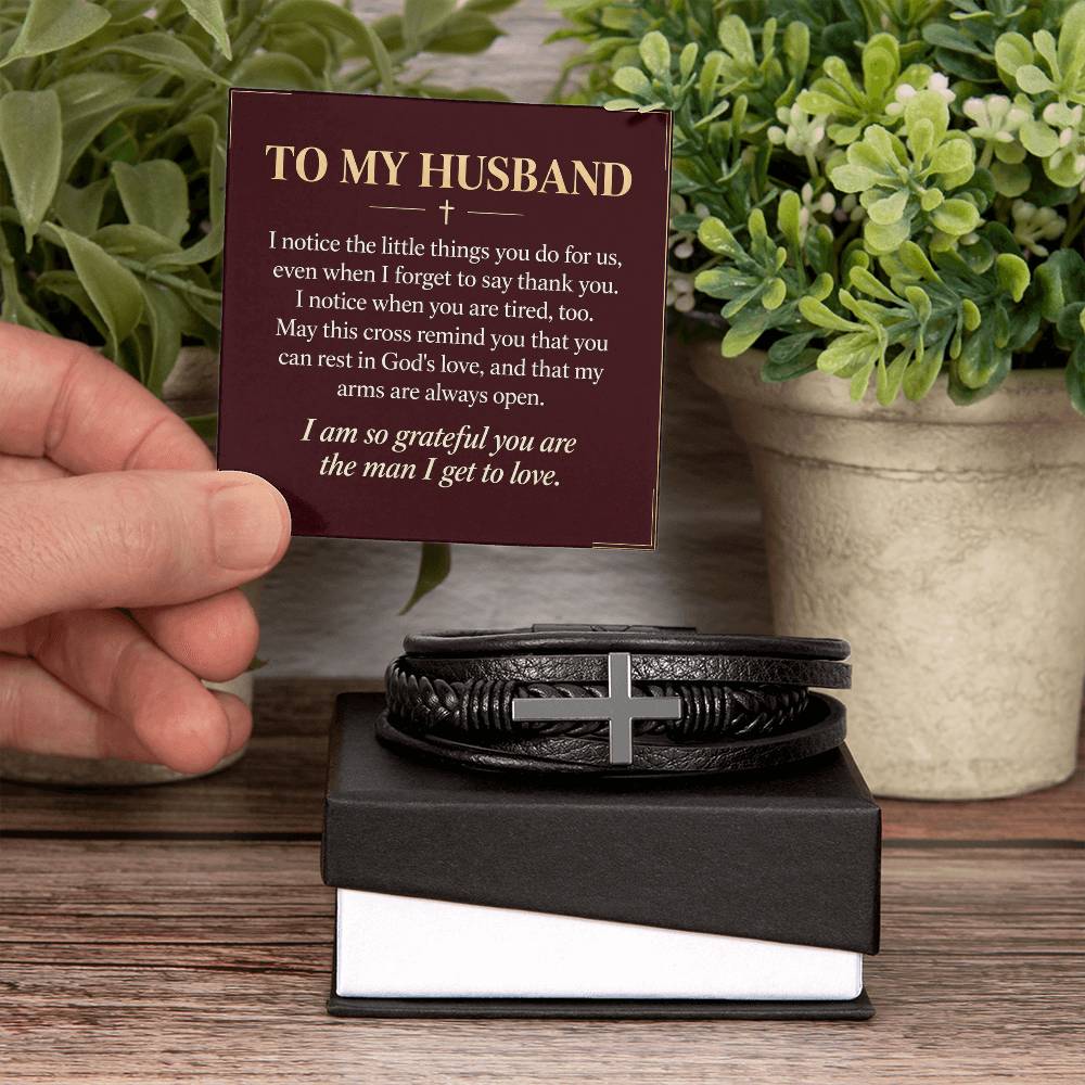 Black cross bracelet with husband appreciation message card | Hensley London