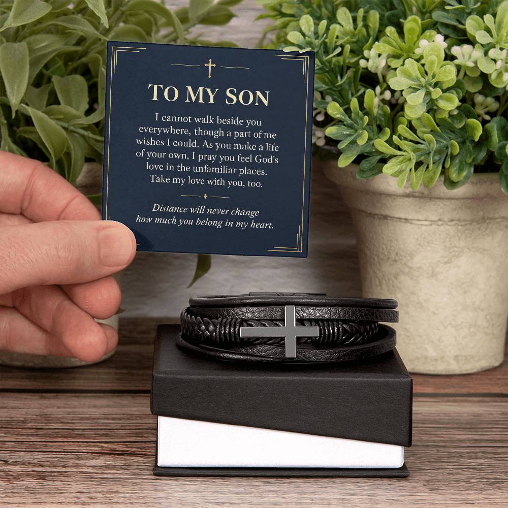 Black cross bracelet with son love across distance message card | Hensley London