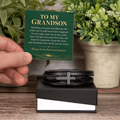 Cross Bracelet in Black for Grandson – bracelet and message card near plants | Hensley London