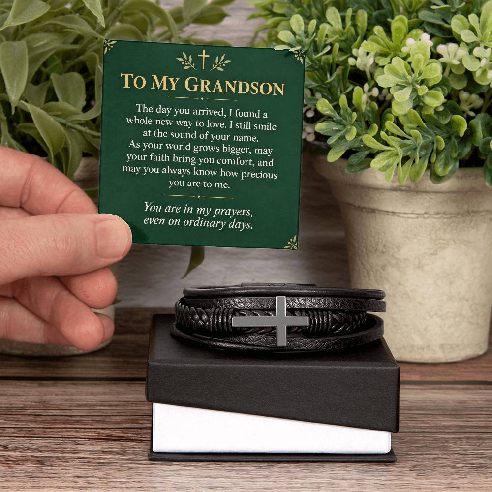 Black cross bracelet with grandson precious memories message card | Hensley London