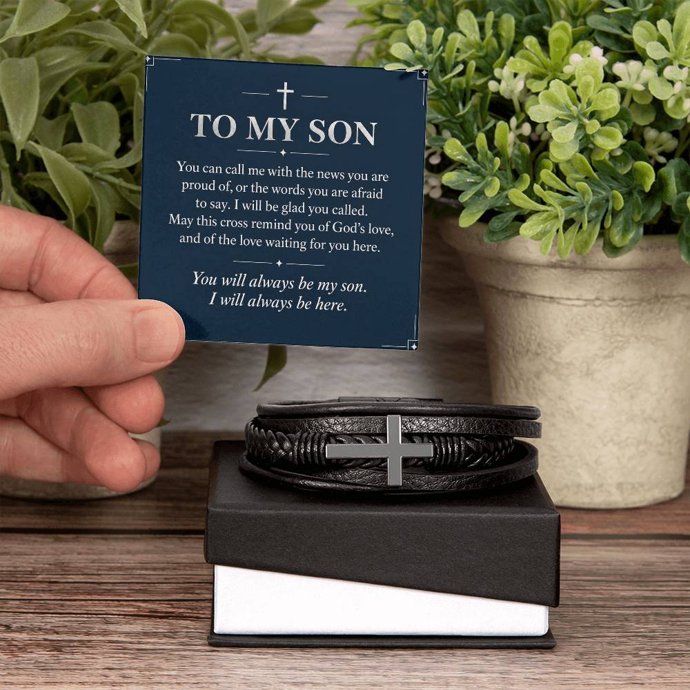 Black cross bracelet with son always here message card | Hensley London