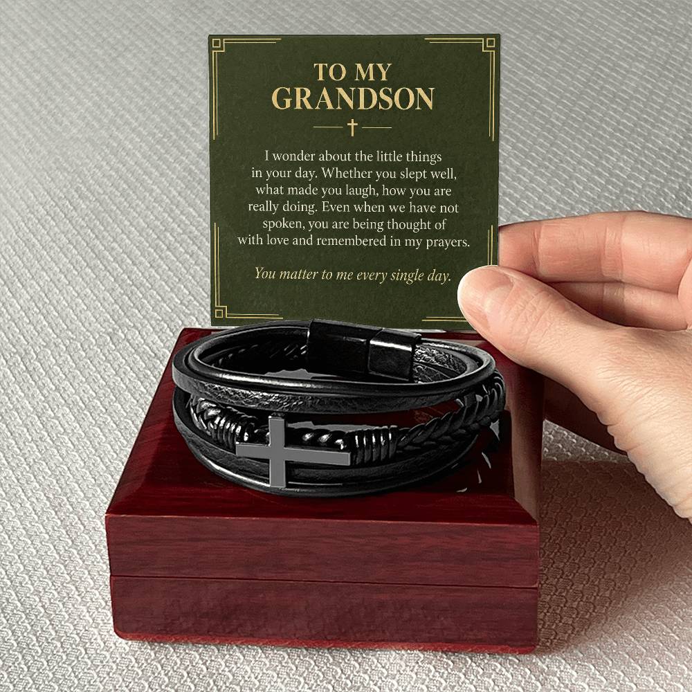 Black cross bracelet with grandson everyday prayers message card | Hensley London