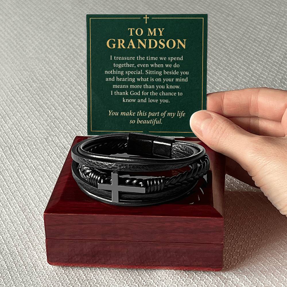 Black cross bracelet with grandson time together message card | Hensley London