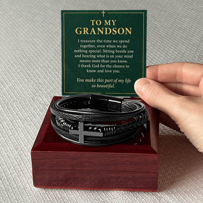 Black cross bracelet with grandson time together message card | Hensley London