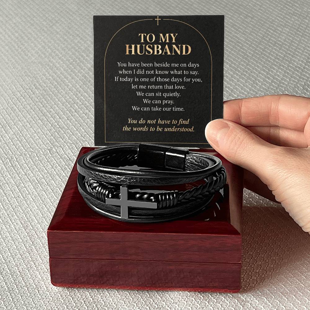 Black cross bracelet with husband quiet support message card | Hensley London