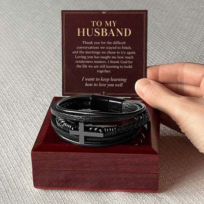 Black cross bracelet with husband growing together message card | Hensley London