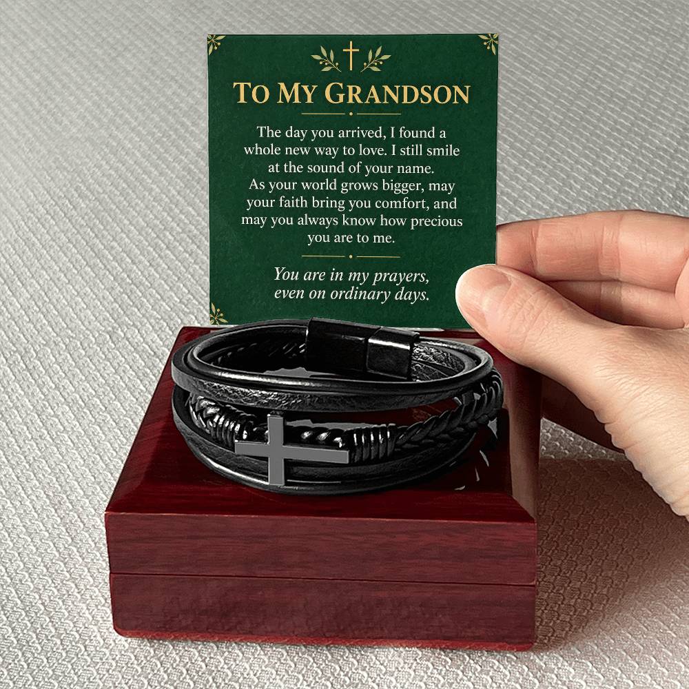 Black cross bracelet with grandson precious memories message card | Hensley London