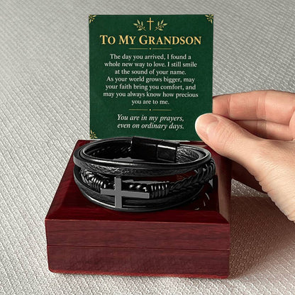 Black cross bracelet with grandson precious memories message card | Hensley London