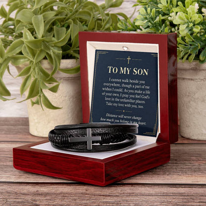 Black cross bracelet with son love across distance message card | Hensley London