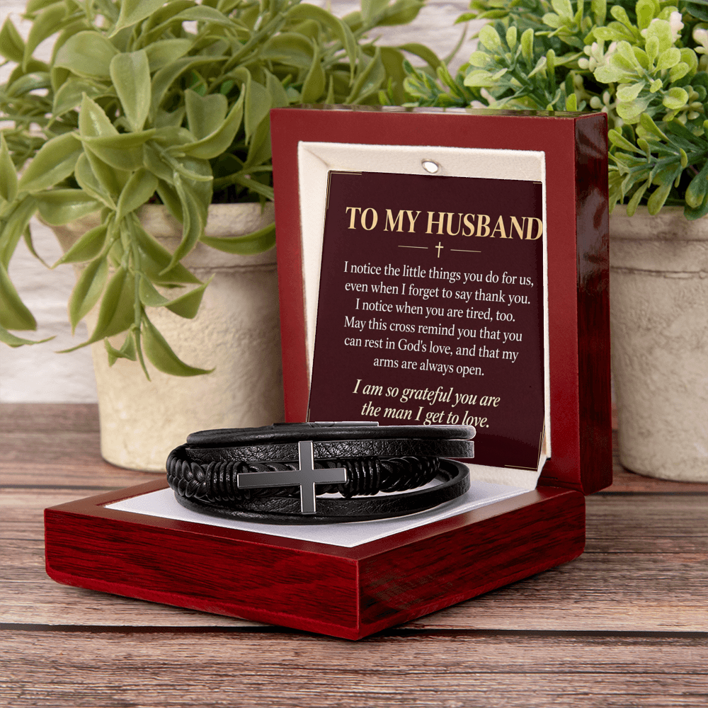 Black cross bracelet with husband appreciation message card | Hensley London