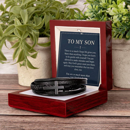 Black cross bracelet with son grace message card | Hensley London