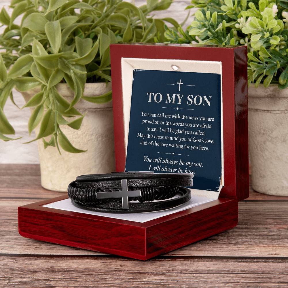 Black cross bracelet with son always here message card | Hensley London