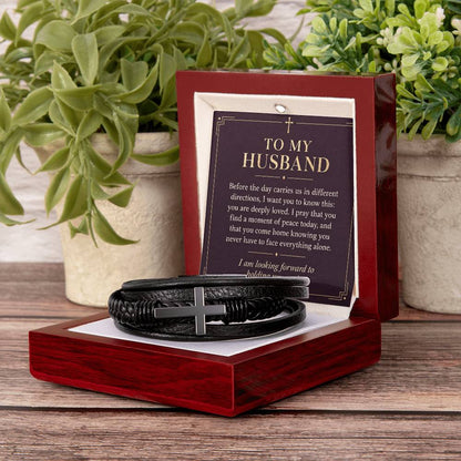 Black cross bracelet with husband daily prayer message card | Hensley London