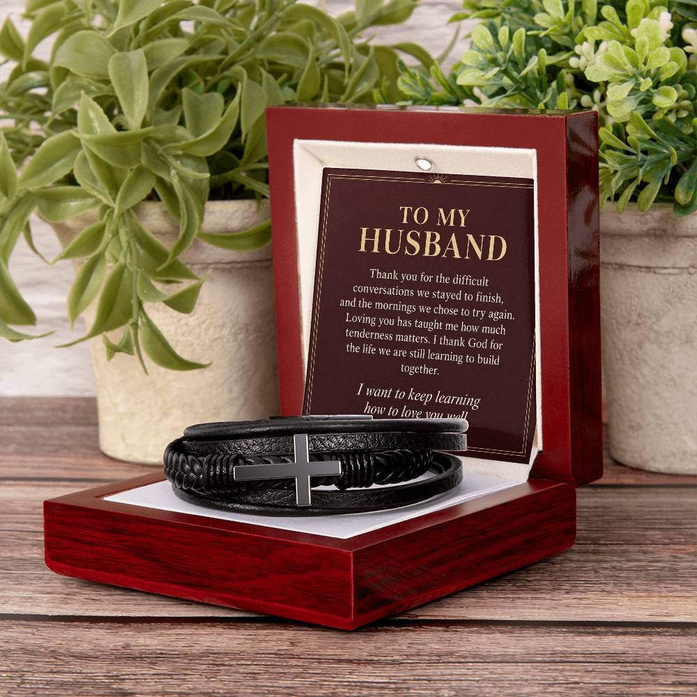 Black cross bracelet with husband growing together message card | Hensley London