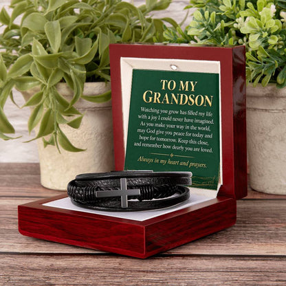 Cross Bracelet in Black for Grandson – bracelet and message card in LED box | Hensley London
