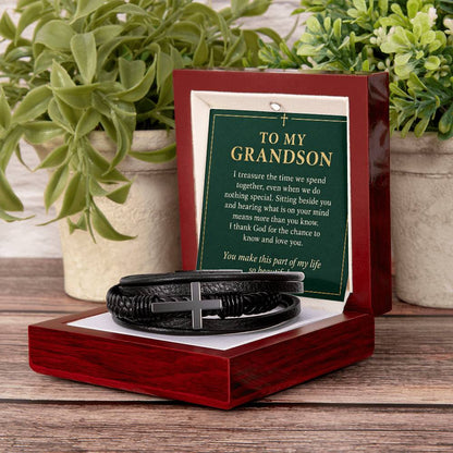 Black cross bracelet with grandson time together message card | Hensley London