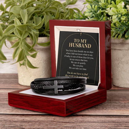Black cross bracelet with husband quiet support message card | Hensley London