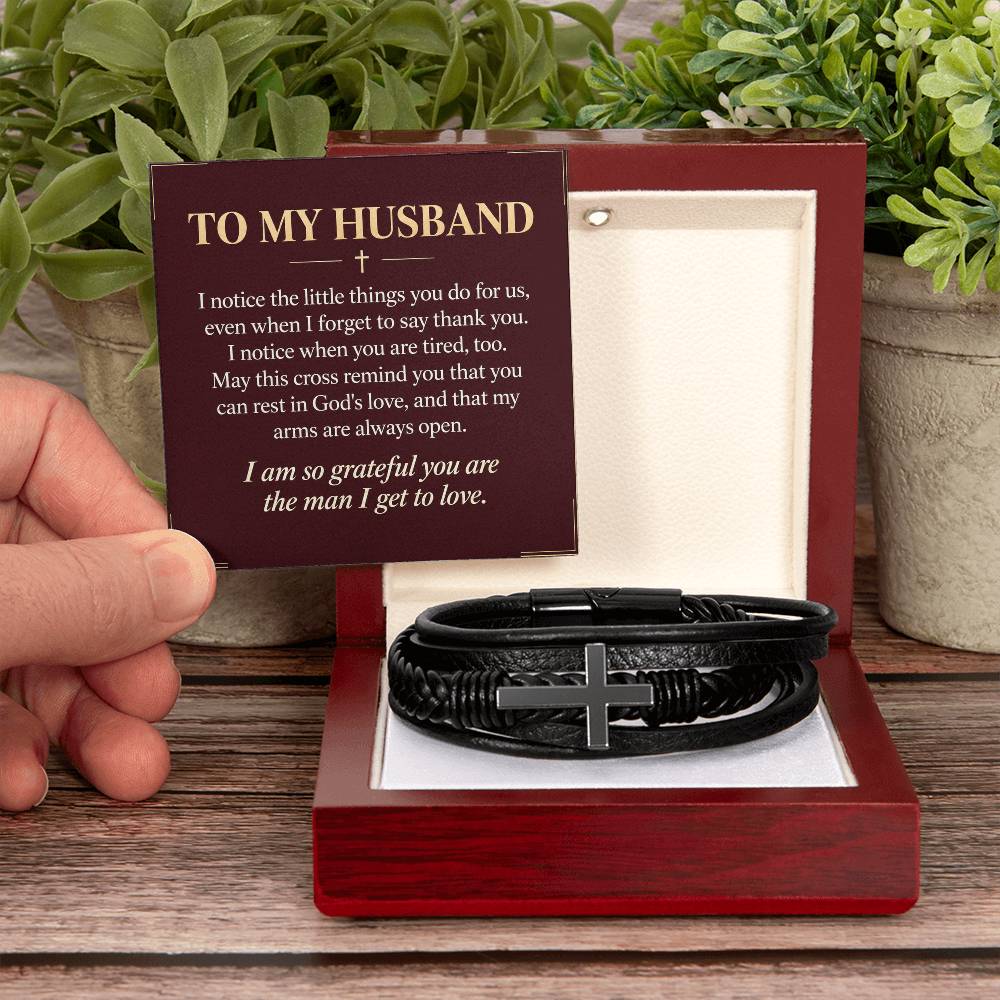 Black cross bracelet with husband appreciation message card | Hensley London