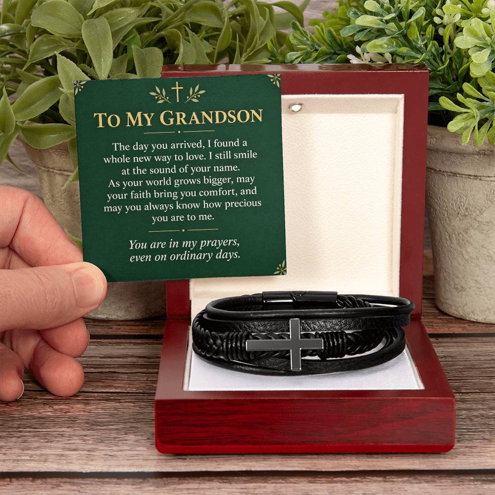 Black cross bracelet with grandson precious memories message card | Hensley London