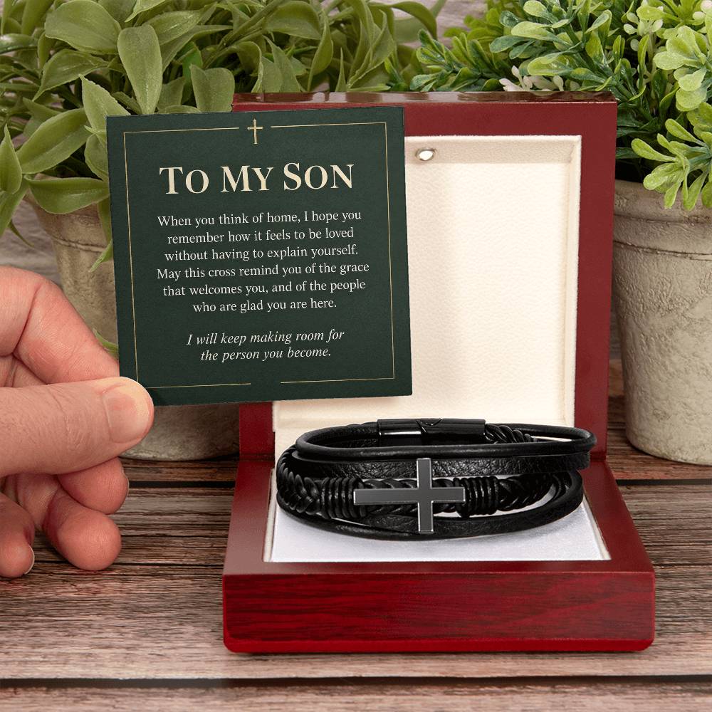 Black cross bracelet with son welcome home message card | Hensley London